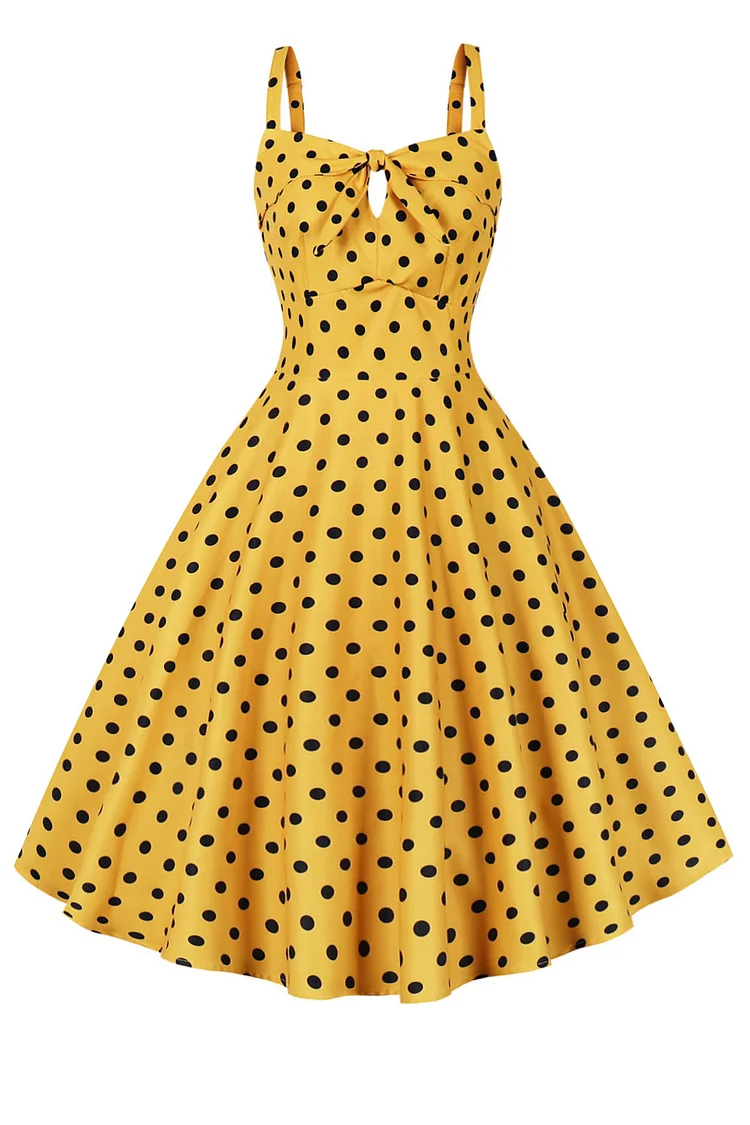 1950s Yellow Party Polka Dot Bow Hollow Out Fitted Bodice Flare Swing Midi Dress