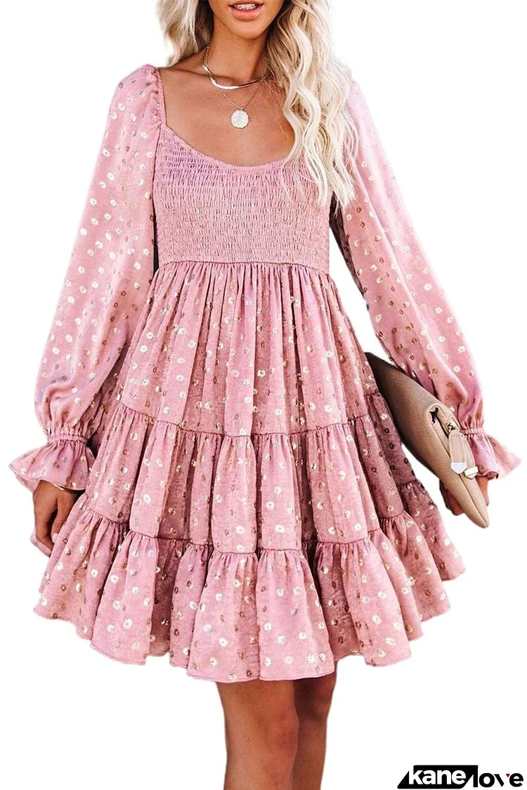 Foil Print Smocked Bodice Layered Mini Dress