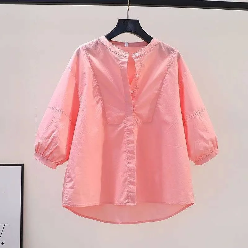 Athvotar Athvotar Lantern Sleeve Cotton Shirt Women Loose Design Casual Shirt 2025 Summer Art Light Blue Top