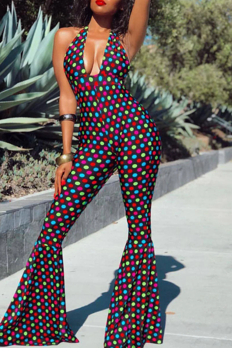 Sexy Print Polka Dot Bandage Split Joint Backless Halter Boot Cut Jumpsuits