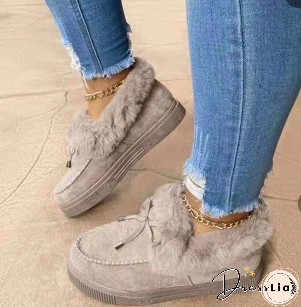 Women Bowknot Suede Faux Fur Moccasin Shoes Warm Lightweight Slippers Non-Slip Platform Shoes Winter Cute Soft Snow Boots Casual Suede Flat Plush Shoes