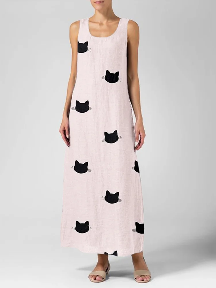 Cute Cat Heads Print Linen Maxi Dress