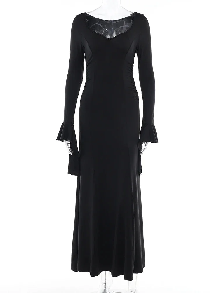 Huiketi Cos Morticia Elegant Gothic Dress for Women Adams Family Inspired Wednesday Slim Summer Mermaid