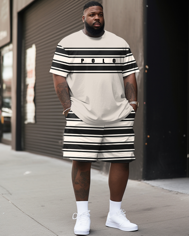 Striped Patchwork Letter Print T-Shirt Shorts Suit Men's Plus Size