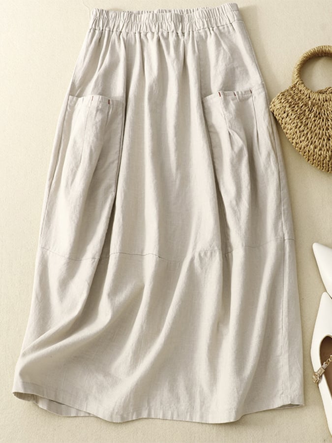 Cotton And Linen Two-pocket Elastic Waist Skirt