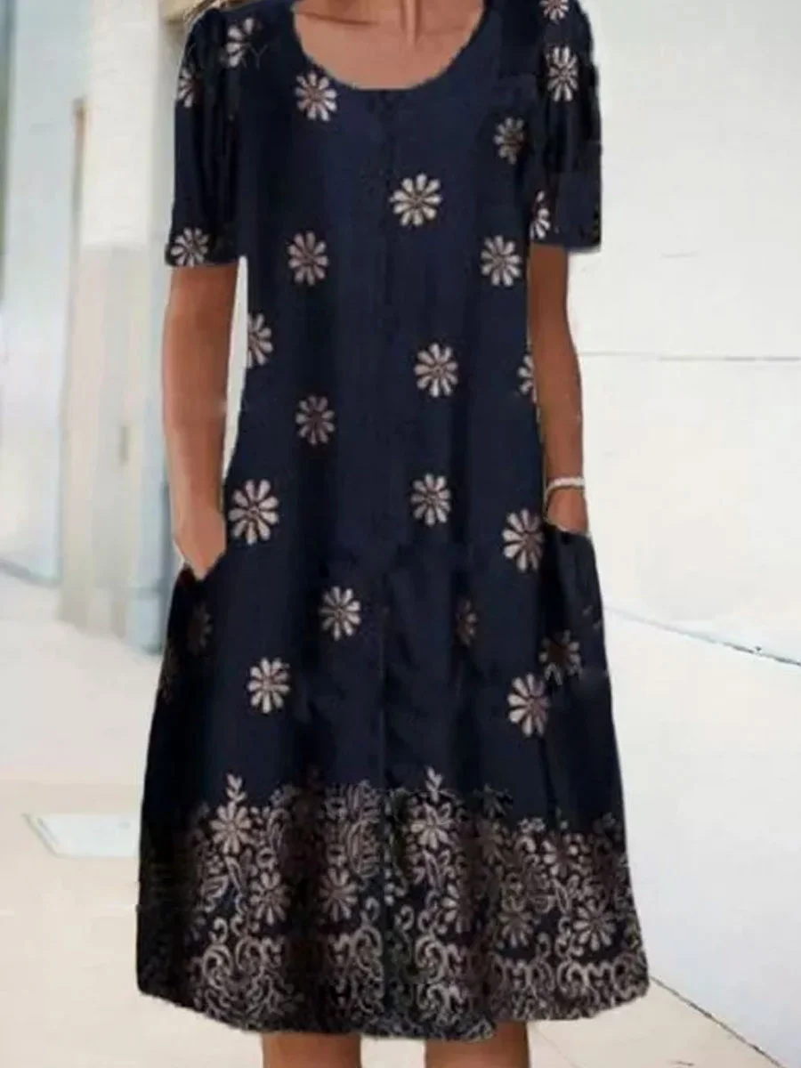 Round Neck Floral Print Loose Short Sleeve Shift Dress