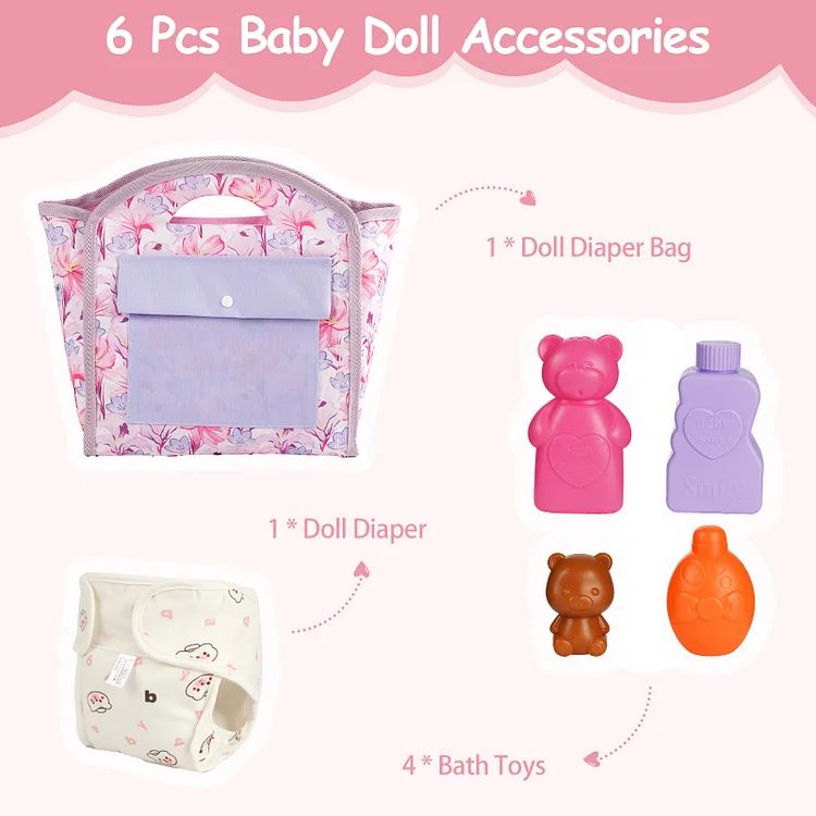 17"-22" Reborn Baby Doll Purple Diaper Bag 6 Pcs Set Clothing Accessories