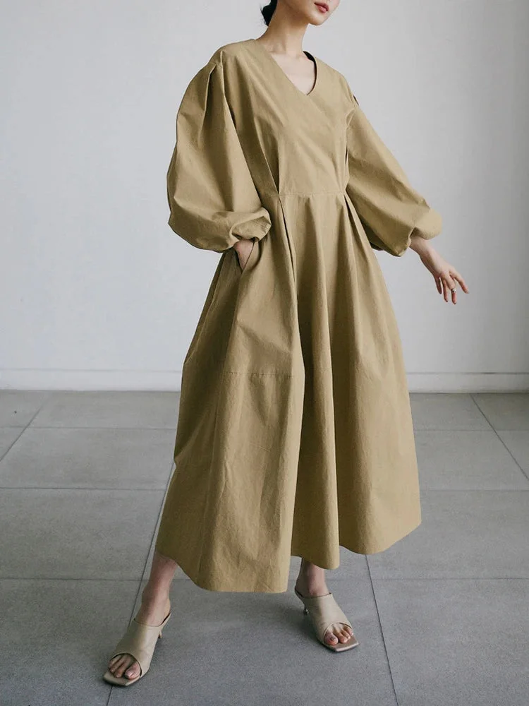 Tempermanet Khaki V-neck Long Puff Sleeve A-line Dress