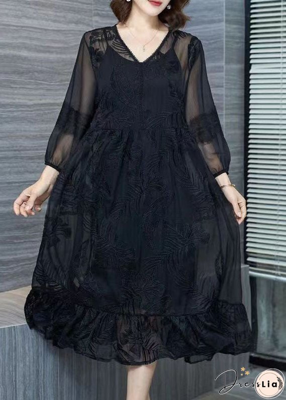 Organic Black V Neck Embroidered Patchwork Tulle Dresses Summer