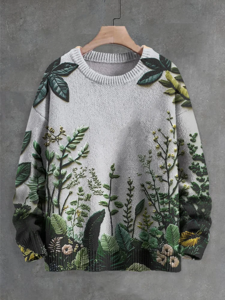 Men's Botanical Leaf Felt Embroidery Print Knit Sweatshirt