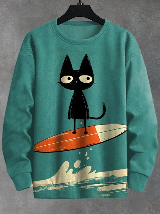 Men's Black Cat Surfing Resort Art Print Casual Sweatshirt