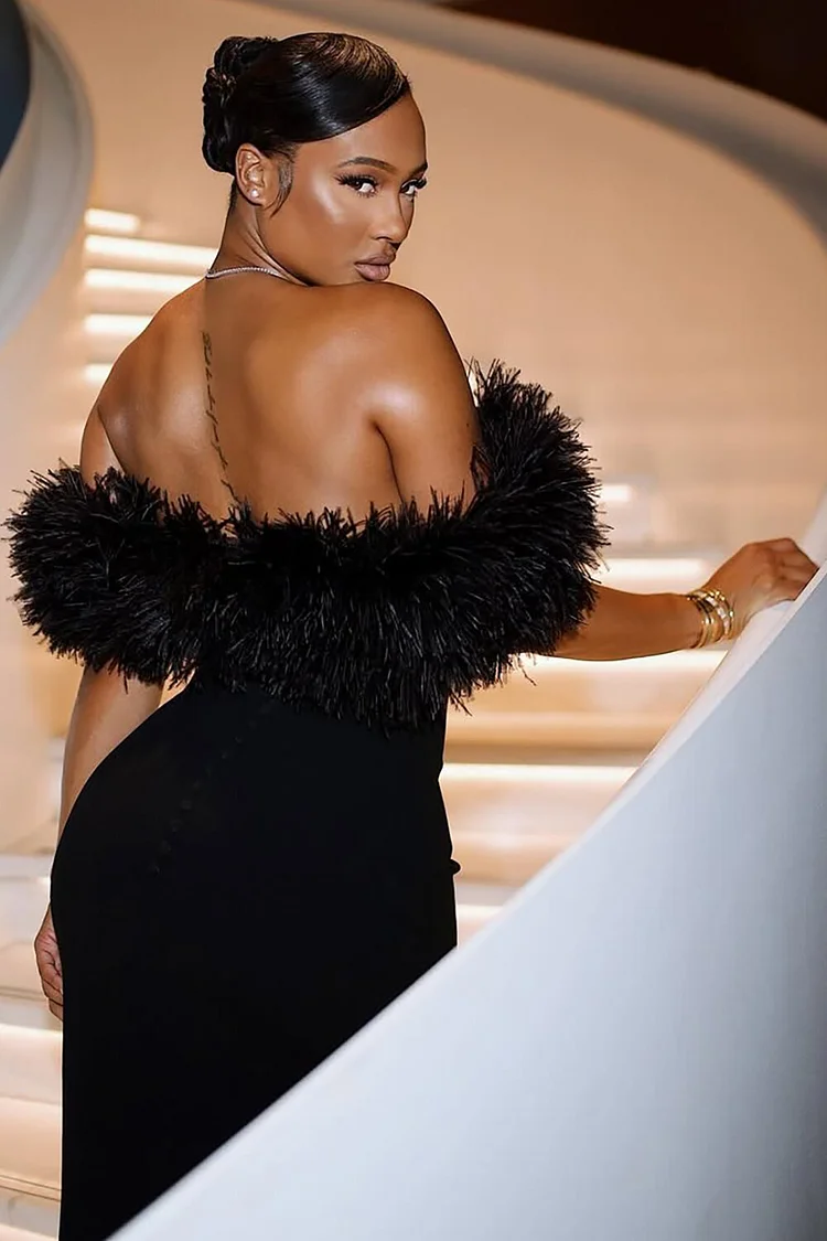 Faux Fur Patchwork Off Shoulder Fishtail Gowns Maxi Dresses-Black [Pre Order]