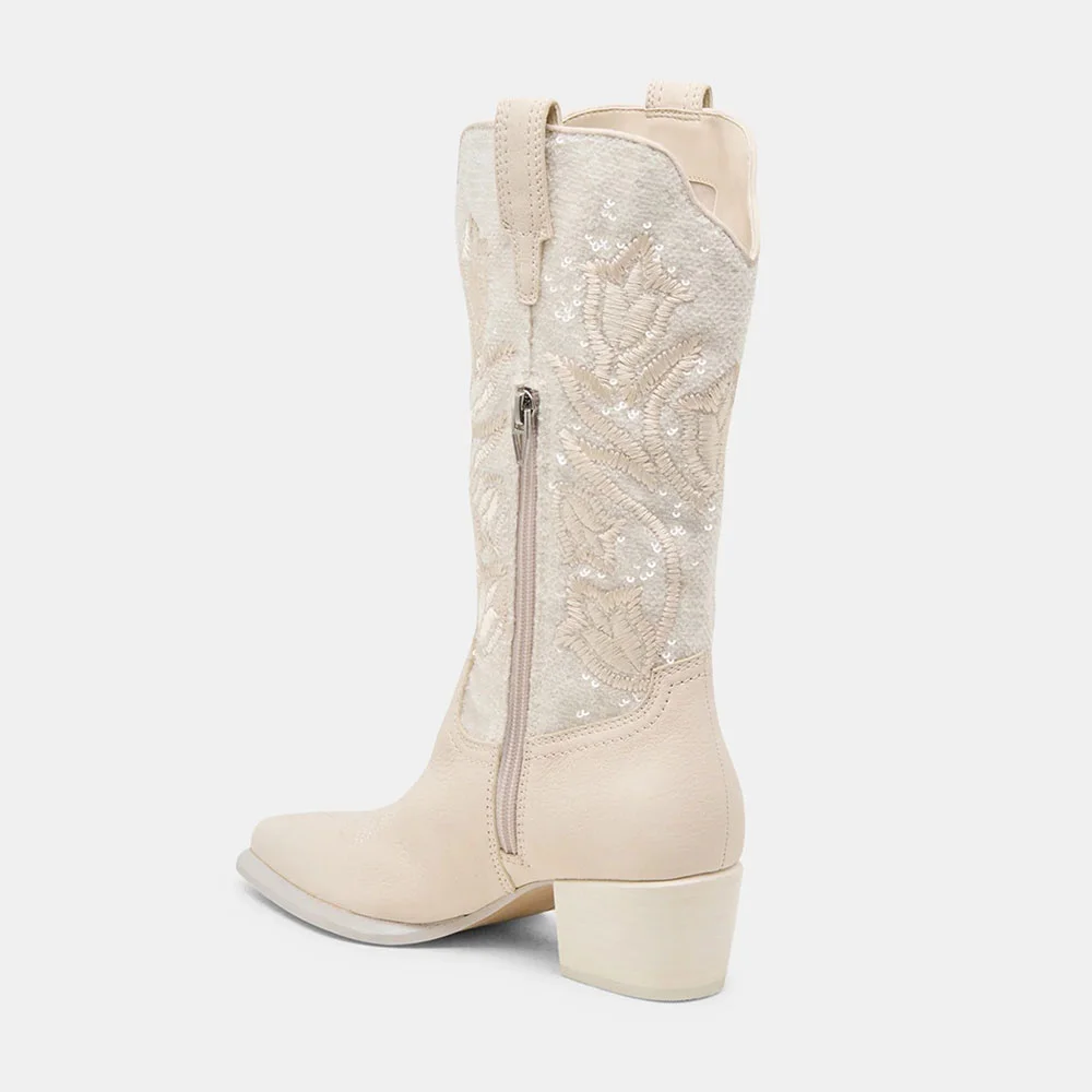 Ivory Snip Toe Chunky Heel Embroidered Zipper Sequins Cowgirl Boots