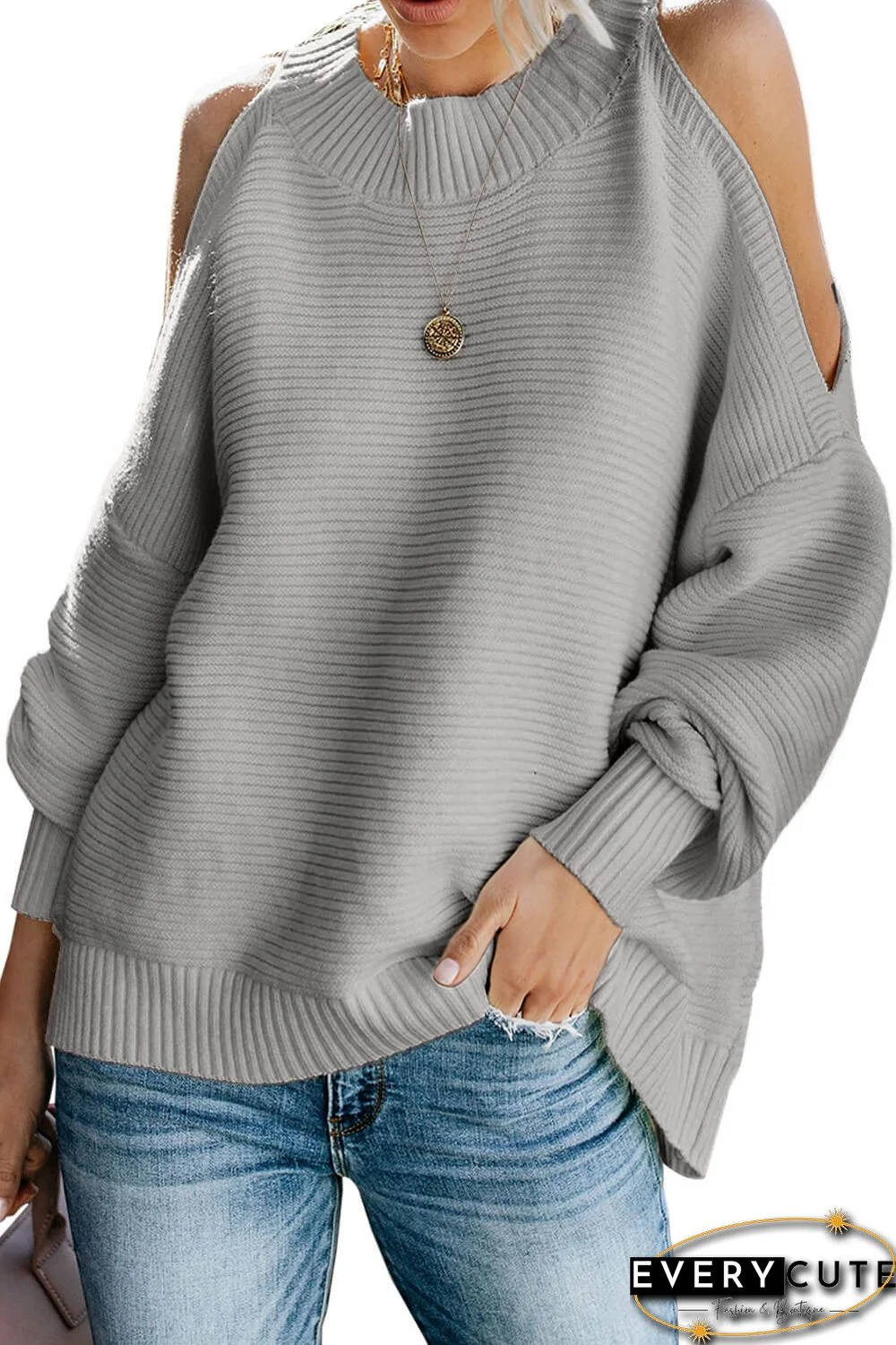 Gray Cold Shoulder Pullover Sweater