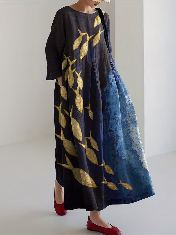 Comstylish Women&lsquo;s Ocean Fish Schools Linen Blend Maxi Dress