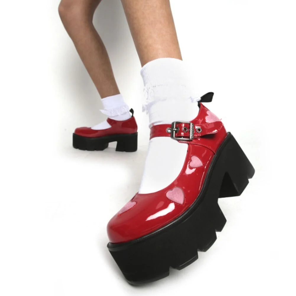 Back to College Round Toe Heart Print Ankle Strap Chunky Goth Platform Women Shoes Trendy Punk Marry Janes Pumps Square Heels Street Style