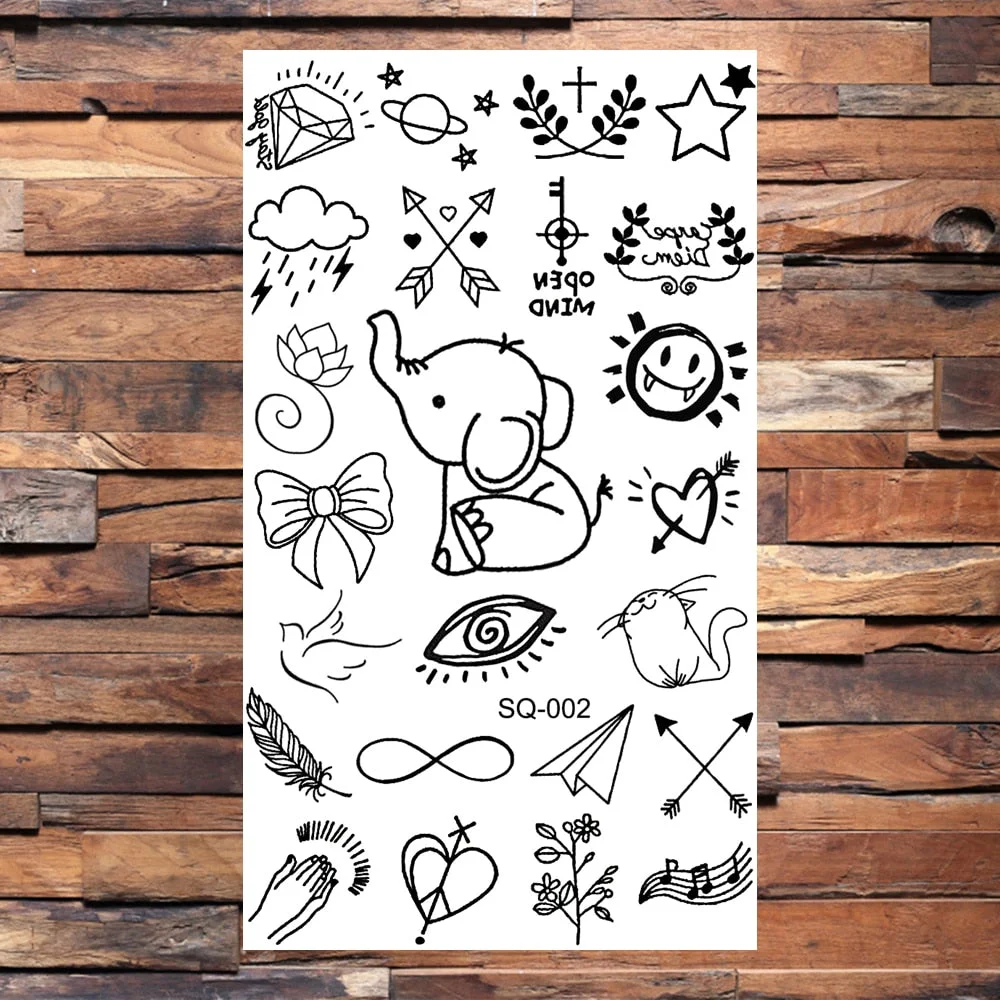 Black Elephant Cartoon Diamond Arrow Temporary Tattoos For Children Adults Realistic Pirate Flower Feather Fake Tatoos Sticker