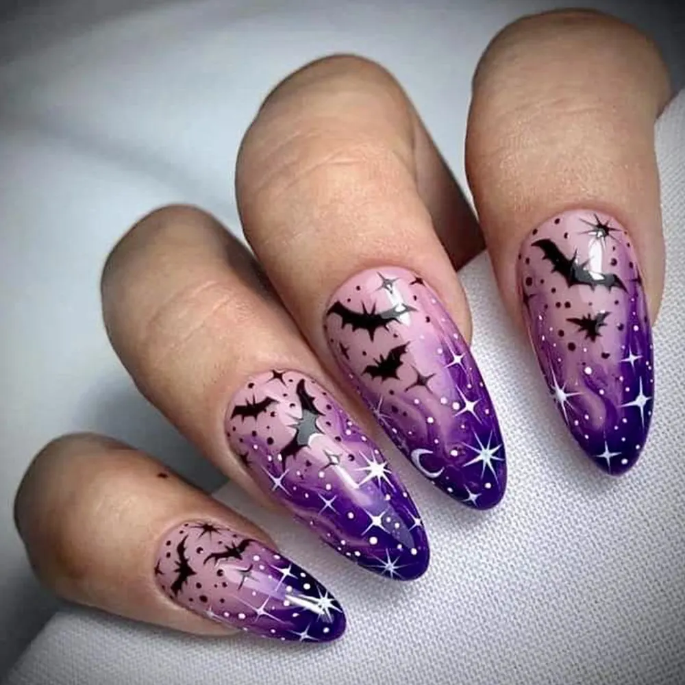 Churchf Churchf Almond Nail Purple Magic Bat Flame Halloween Element Fake Nail Products Wear Nail Holiday Nail