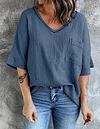 Women's V-neck Pocket Split Middle Sleeve Top Shirt