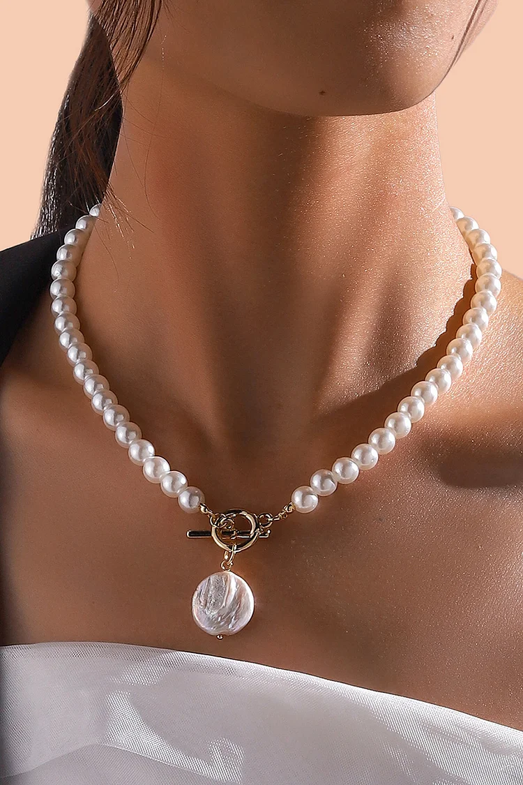 Daily White Round Pearls Metal Buckle Necklace