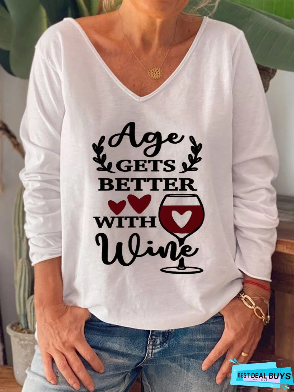Age Gets Better With Wine Letters Printed Long Sleeve V Neck Casual Tunic Top