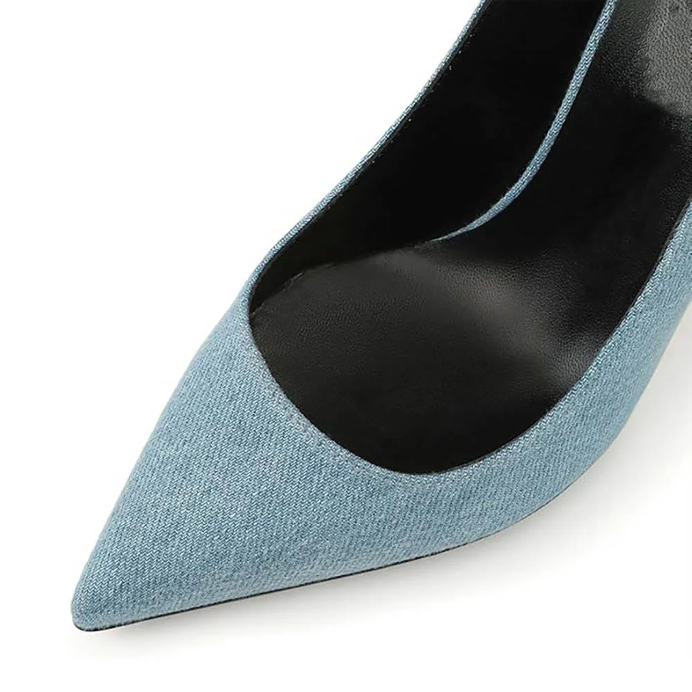 Classic Blue Denim Pointed Toe Pumps Shoes with Sculptural Heel