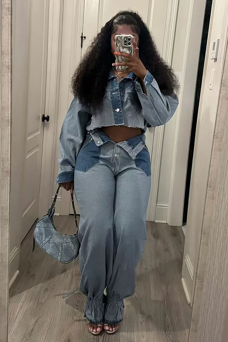 Colorblock Denim Patchwork Crop Jacket Jogger Jeans 2pcs Set-Blue