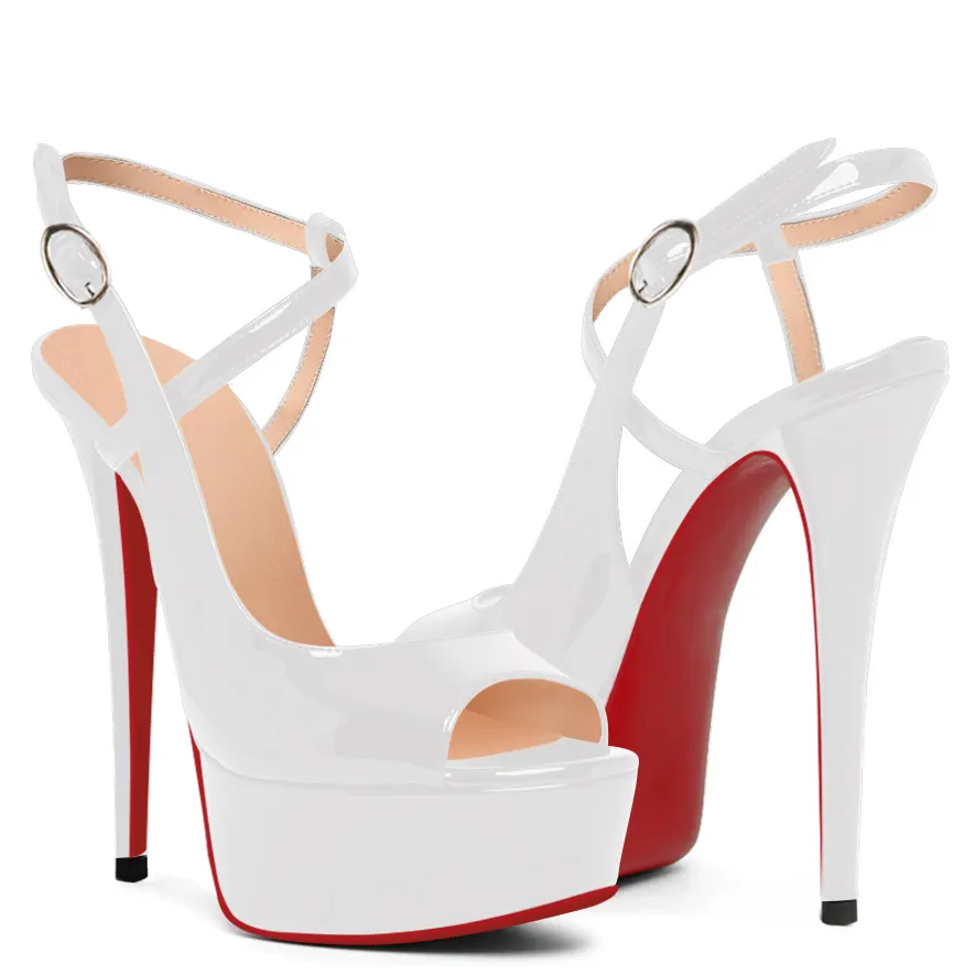 150mm Women Slingback Pumps Patent Ankle Strap Stiletto Peep Toe Dress Red Bottoms Shoes-vocosishoes