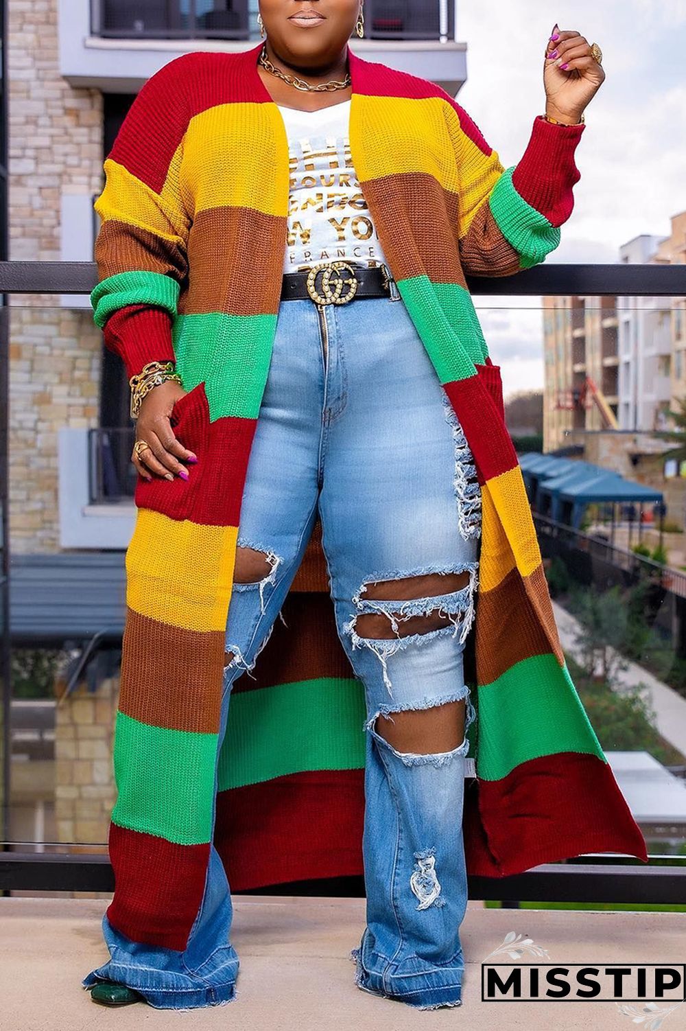 Blue Plus Size Daily Striped Cardigan