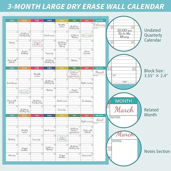Large Dry Erase Calendar - Dry Erase Calendar for Wall, Undated 3 Months Calendar, 27.8" x 40", Large Erasable & Reusable Wall Calendar with 8 Round Stickers, Great Layout Dry Erase Wall Calendar for