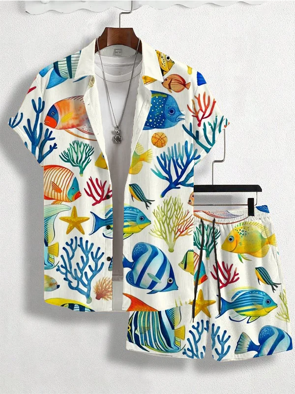 Men's Colorful Fish And Coral Print Short Sleeve Shirt Set