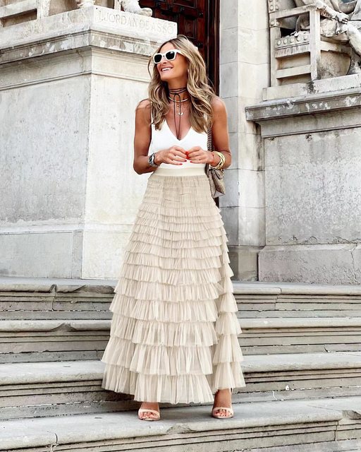 Women's Fashion Solid Color Layered Ruffle Design Elegant Party Skirt