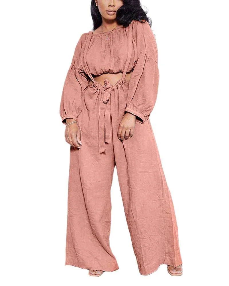 Pleated Suspender Strap Wide Leg Pants Two Piece Set