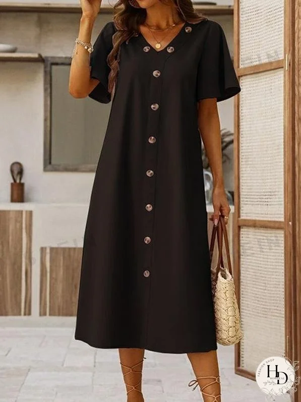 Cotton and Linen V-neck Decorative Round Button Short Sleeve Dress