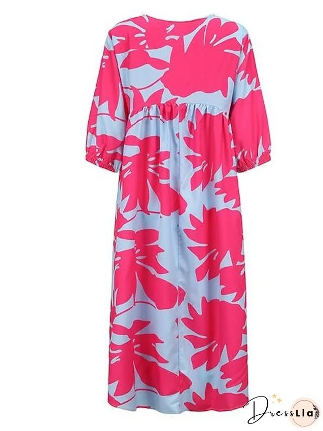 Women's Dress - Casual Dress Midi Dress Black White Pink 3/4 Length Sleeve Leopard Ruched Summer Spring Fall Autumn Crew Neck Stylish Weekend S M L XL XXL