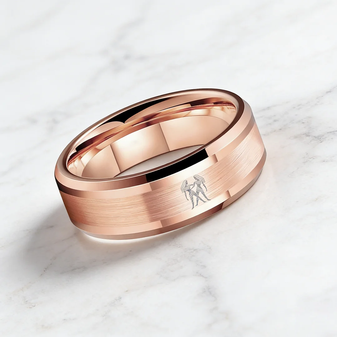 Rose Gold Gemini Tungsten Carbide Ring Beveled Edges Rose Gold Laser Etched Couple Wedding Bands 4MM 6MM 8MM