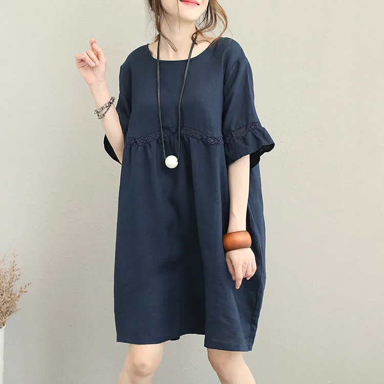 Fine dark blue linen knee dress oversized linen cotton dress boutique flare sleeve lace patchwork linen clothing dress