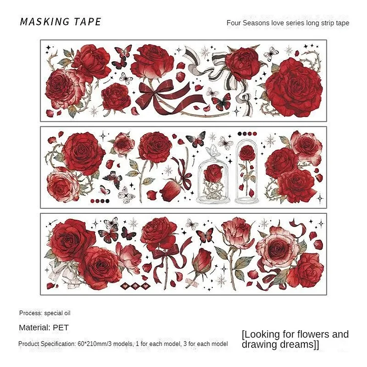Journalsay 3 Sheets Four Seasons Love Series Vintage Flower Strip PET Tape