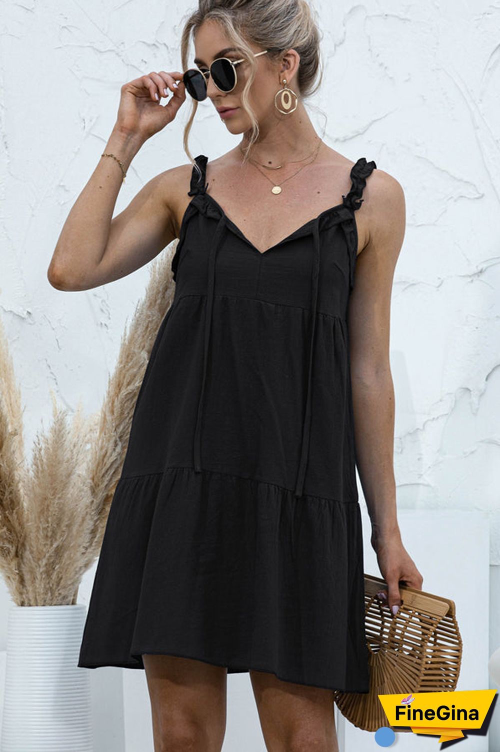 Fashion Solid Color V Neck Casual Mini Dress