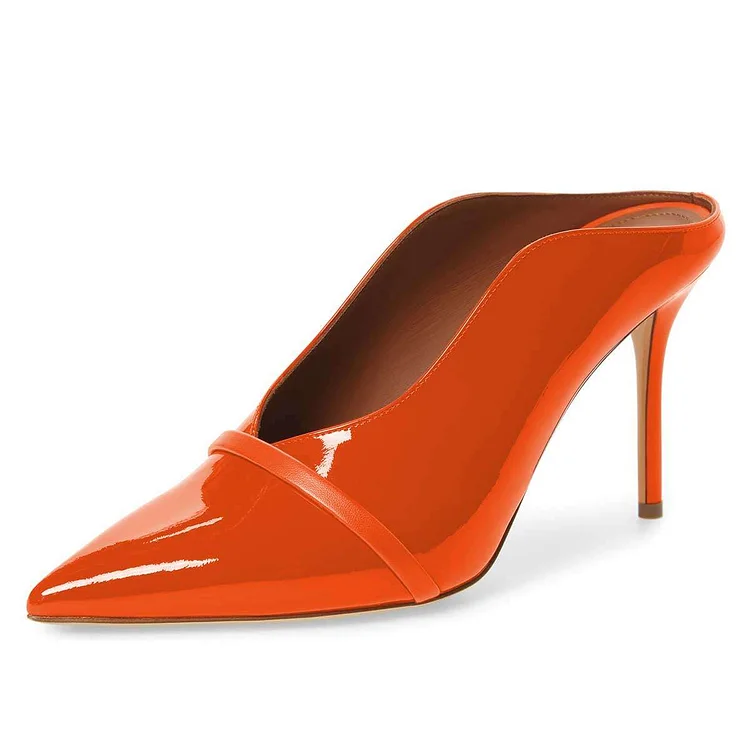 Orange Pointed Toe Patent Leather Mules Stiletto Heels |FSJ Shoes
