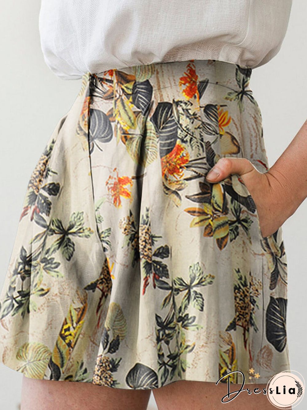 Plant Print Pocket Ruched Casual Shorts