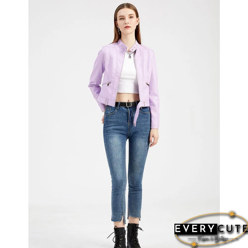 Light Purple PU Stand Collar Short Leather Jacket