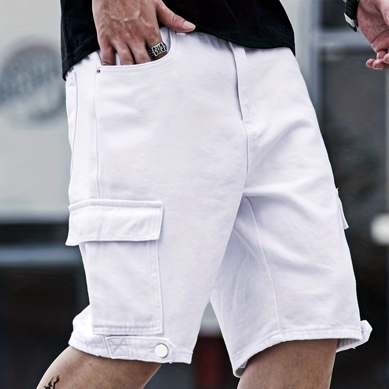 Multi Pocket Cotton Denim Cargo Shorts, Men's Casual Street Style Denim Shorts For Summer, Men's Bottoms