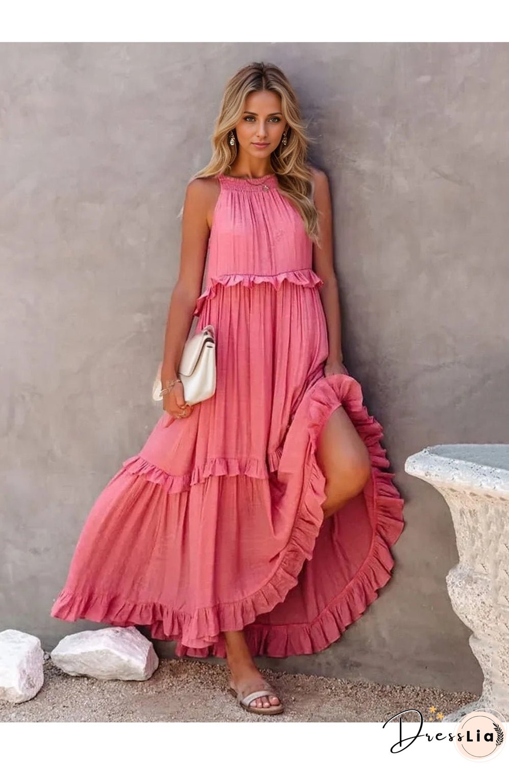 Ruffled Sleeveless Tiered Maxi Dress with Pockets