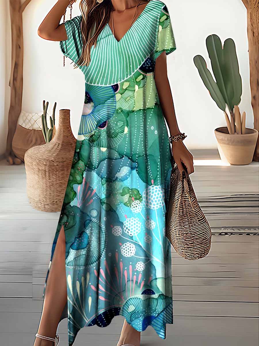 Women's Underwater World Pattern Resort Style V-Neck Dress