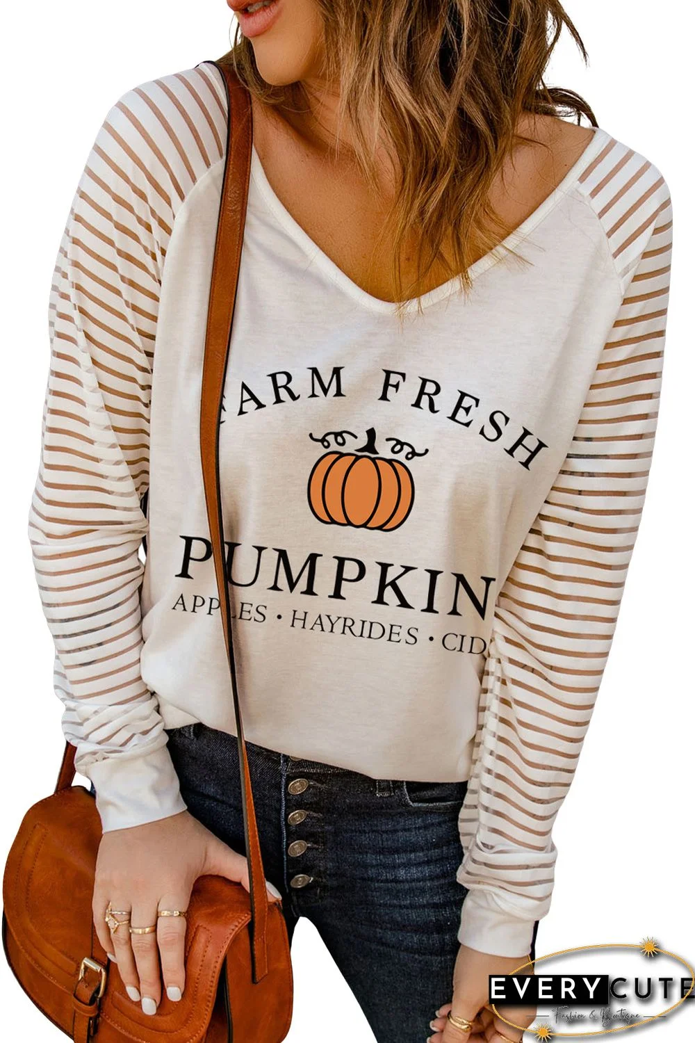 White Farm Fresh Pumkin Graphic Sheer Striped Long Sleeve Top