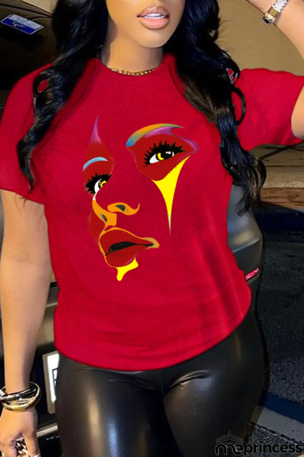 Black Street Print Patchwork O Neck T-Shirts