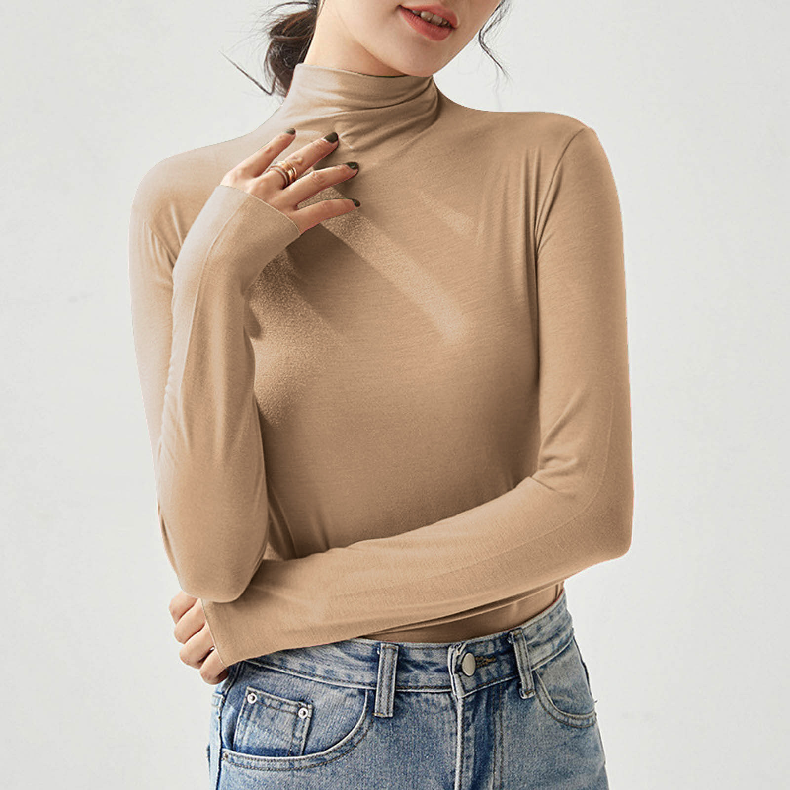 Women Autumn Slim Fit T-shirts New Half Turtleneck Elastic Versatile Basic Shirt Soft Tight Elegant Temperament Show Thin Tops