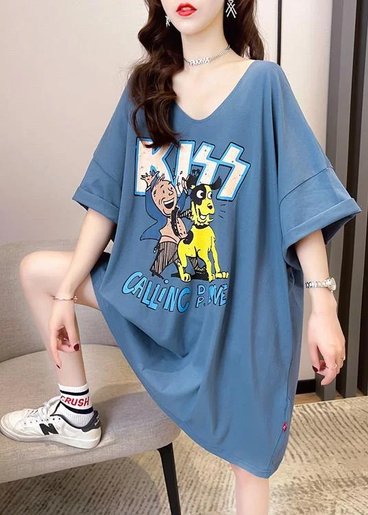 Natural Blue Graphic Vacation Summer Cotton Dress