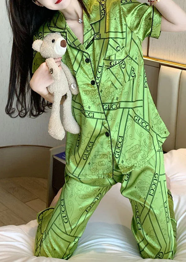 French Green Peter Pan Collar Ice Silk Two Piece Set Pajamas Summer
